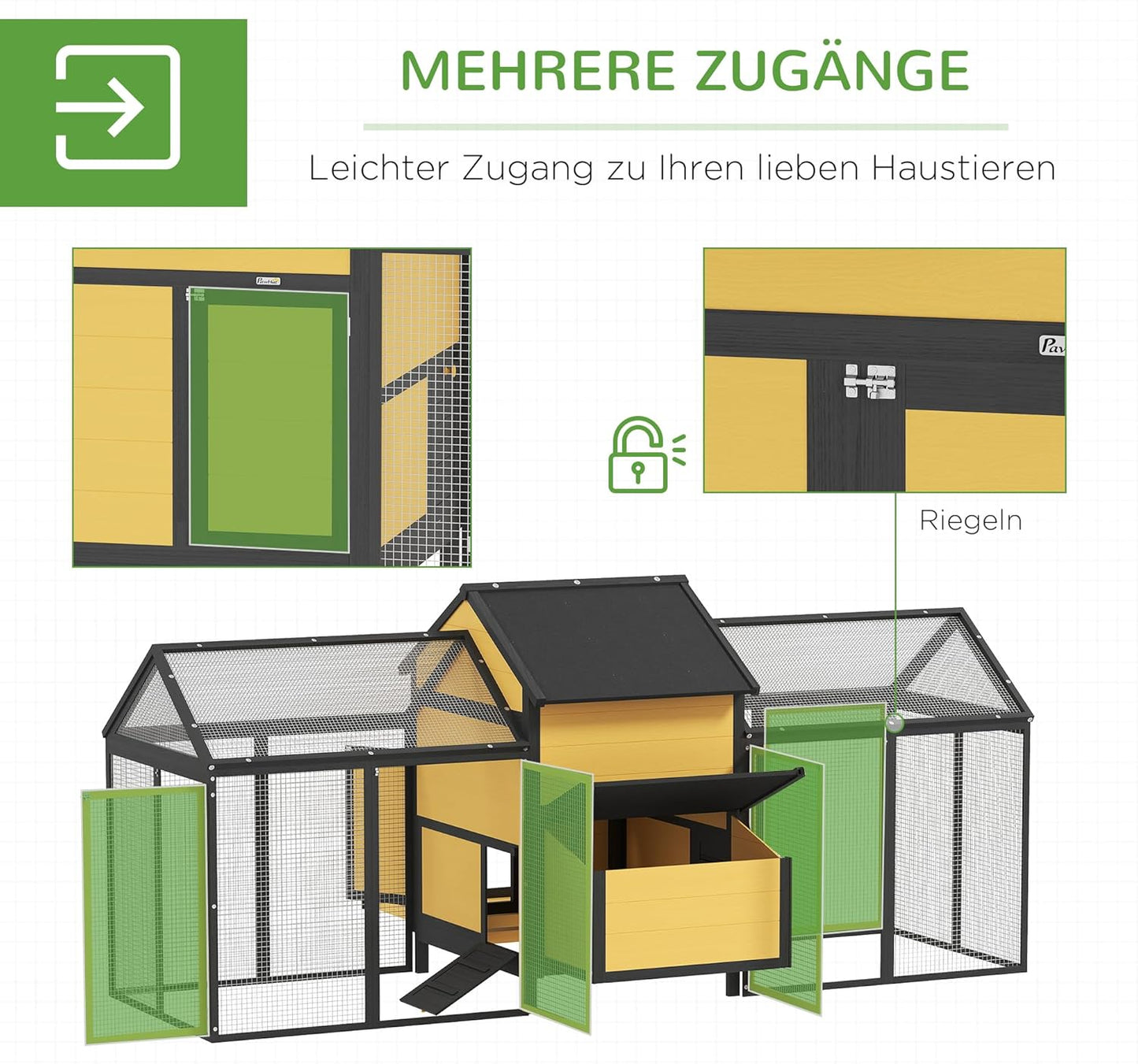 PawHut Hühnerstall aus Holz Hühnerhaus mit Nistkasten Geflügelstall mit Rampe, Gehege für Hühner Doppel-Laufstall mit Tablett, Gelb, 247 x 125 x 113.5 cm - QUORE