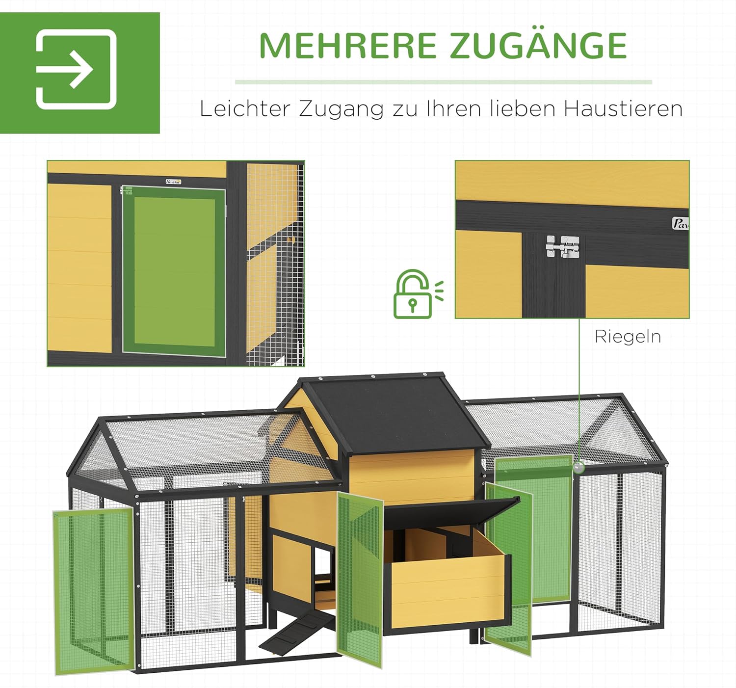 PawHut Hühnerstall aus Holz Hühnerhaus mit Nistkasten Geflügelstall mit Rampe, Gehege für Hühner Doppel-Laufstall mit Tablett, Gelb, 247 x 125 x 113.5 cm - QUORE
