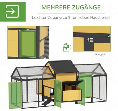 PawHut Hühnerstall aus Holz Hühnerhaus mit Nistkasten Geflügelstall mit Rampe, Gehege für Hühner Doppel-Laufstall mit Tablett, Gelb, 247 x 125 x 113.5 cm - QUORE
