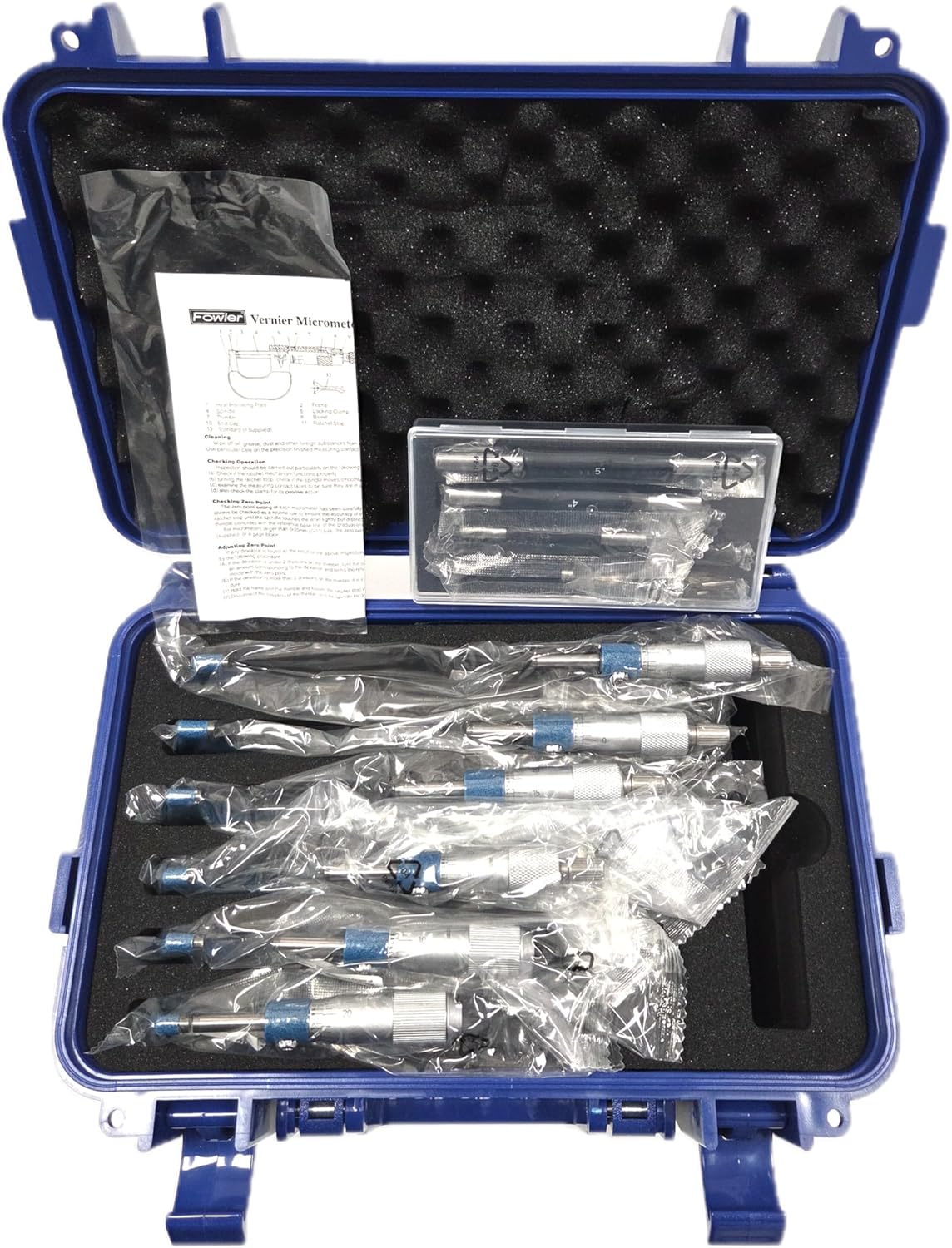 Fowler 52-215-006-1 inch micrometer met satijnen chroom afwerking, 0-6 inch meetbereik, 0 inch afstudeerinterval, set van 6, met volledige garantie van één jaar