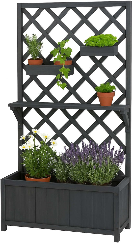 HWC-P68 Raised Flower Bed Planter / Flower Box Climbing Aid Shelf Hanging Boxes Wood MVG 135 x 70 x 30 cm Anthracite Grey - QUORE
