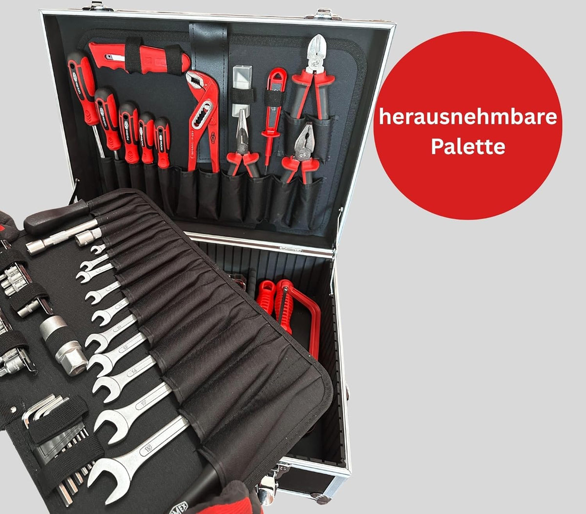 Famex 755-57 Aluminium gereedschapskoffer, uitgerust met hoogwaardig gereedschap, complete set, gevuld, gereedschapskist voor huishouden, garage, werkplaats
