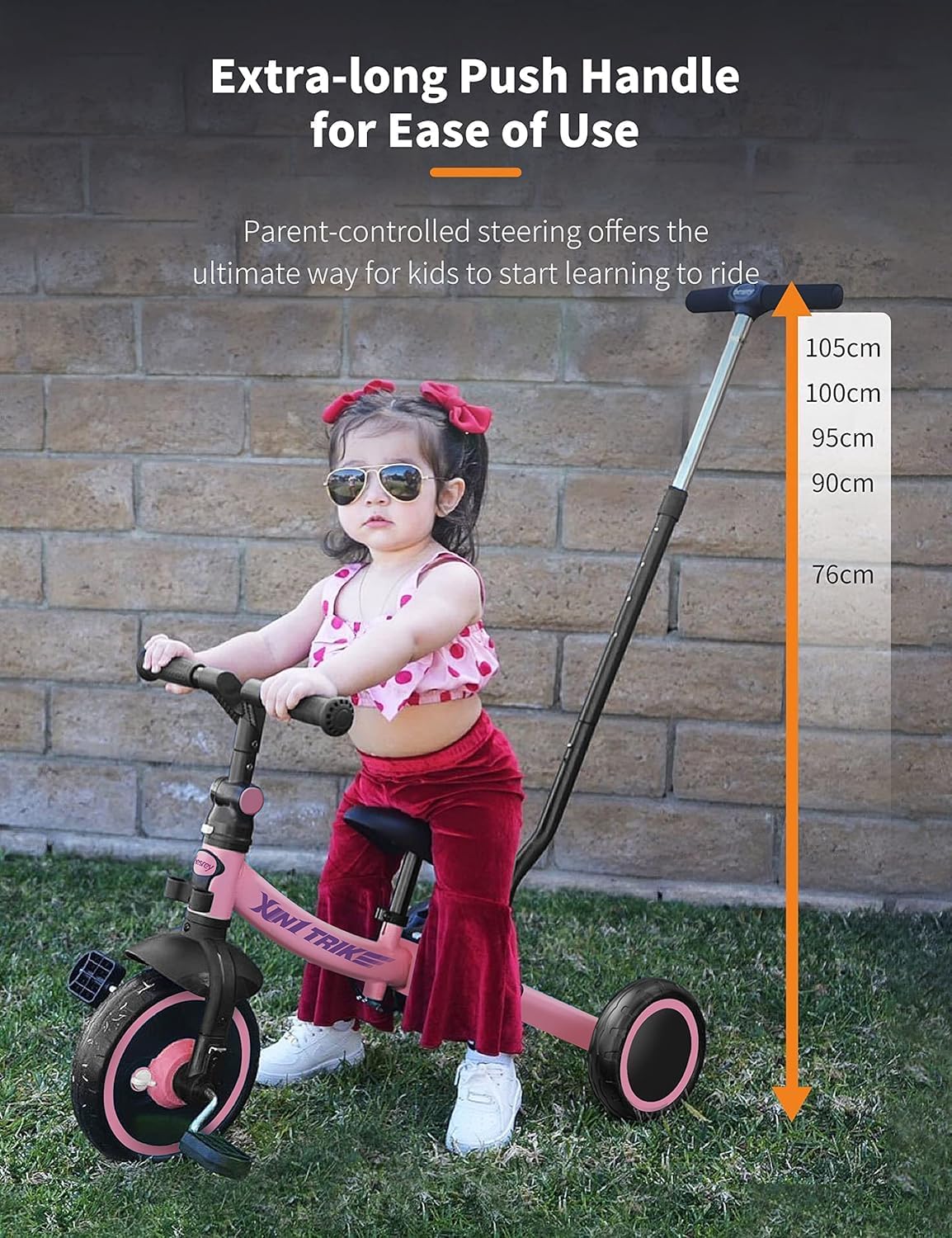 besrey 7-in-1 driewieler voor peuters met stuurgreep, voor 1-5 jaar, opvouwbare wielen, peuterfiets met wielkoppeling, grotere wielen, afneembare pedalen, in hoogte verstelbare zitting, roze
