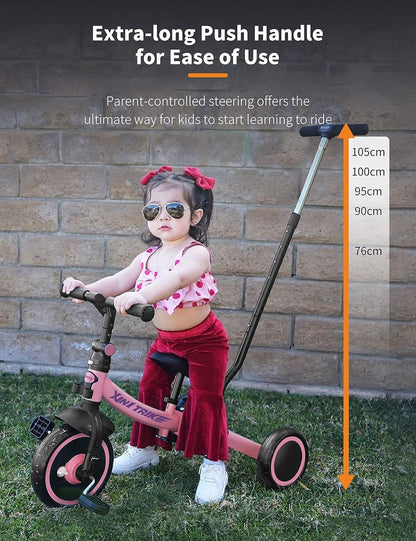besrey 7-in-1 driewieler voor peuters met stuurgreep, voor 1-5 jaar, opvouwbare wielen, peuterfiets met wielkoppeling, grotere wielen, afneembare pedalen, in hoogte verstelbare zitting, roze
