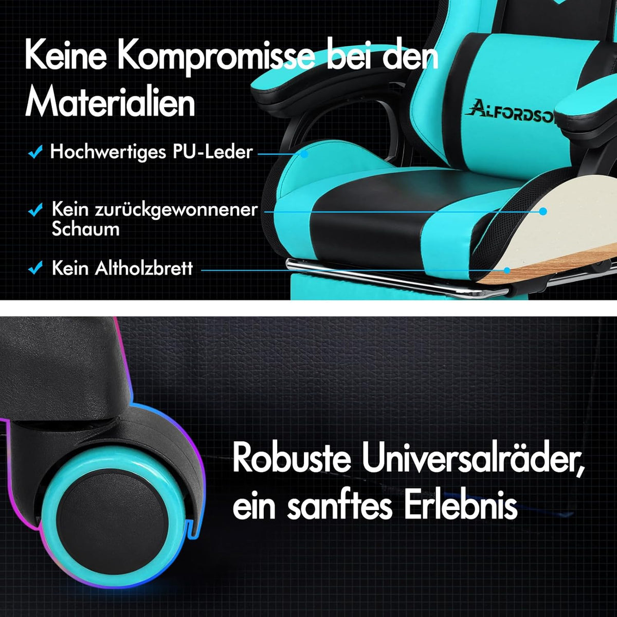 ALFORDSON Gaming Chair, Office Chair, Swivel Large Massage Chair with 8 Points, RGB LED Light, 12 Colours, Ergonomic with Footrest, Headrest and Lumbar Cushion, Cyan - QUORE