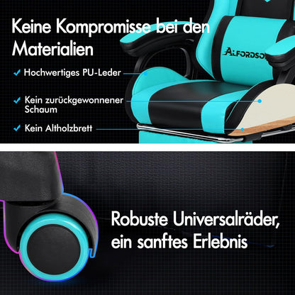 ALFORDSON Gaming Chair, Office Chair, Swivel Large Massage Chair with 8 Points, RGB LED Light, 12 Colours, Ergonomic with Footrest, Headrest and Lumbar Cushion, Cyan - QUORE