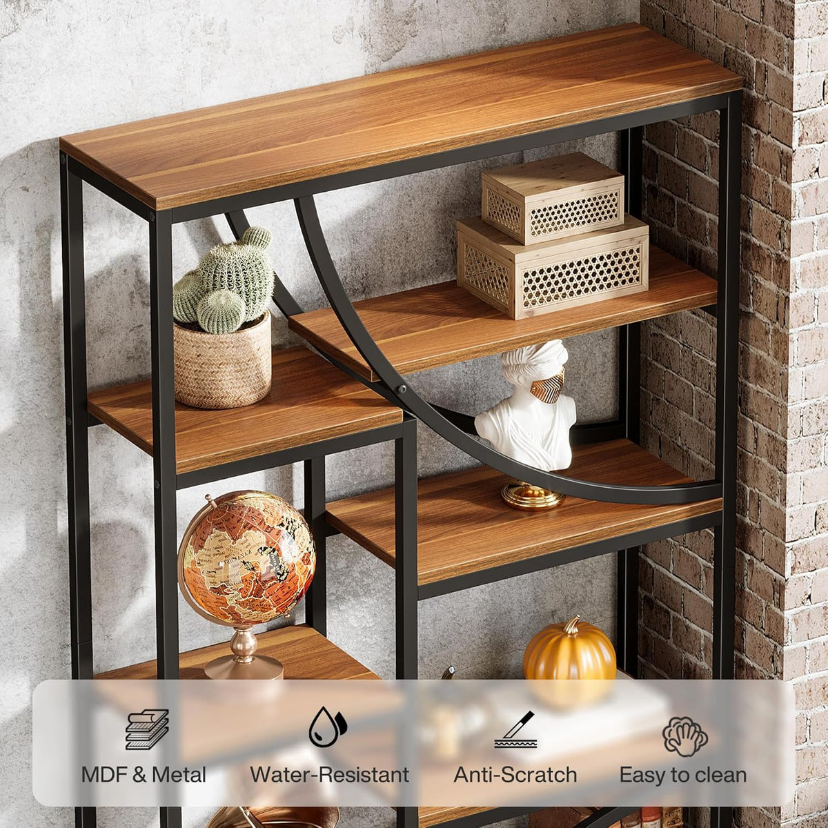 Tribesigns Bookcase, 180 cm, 9 Tier Shelf, Large Geometric Bookcase with Open Compartments, Free Standing Wood and Metal Shelf for Living Room, Industrial Design, Brown and Black