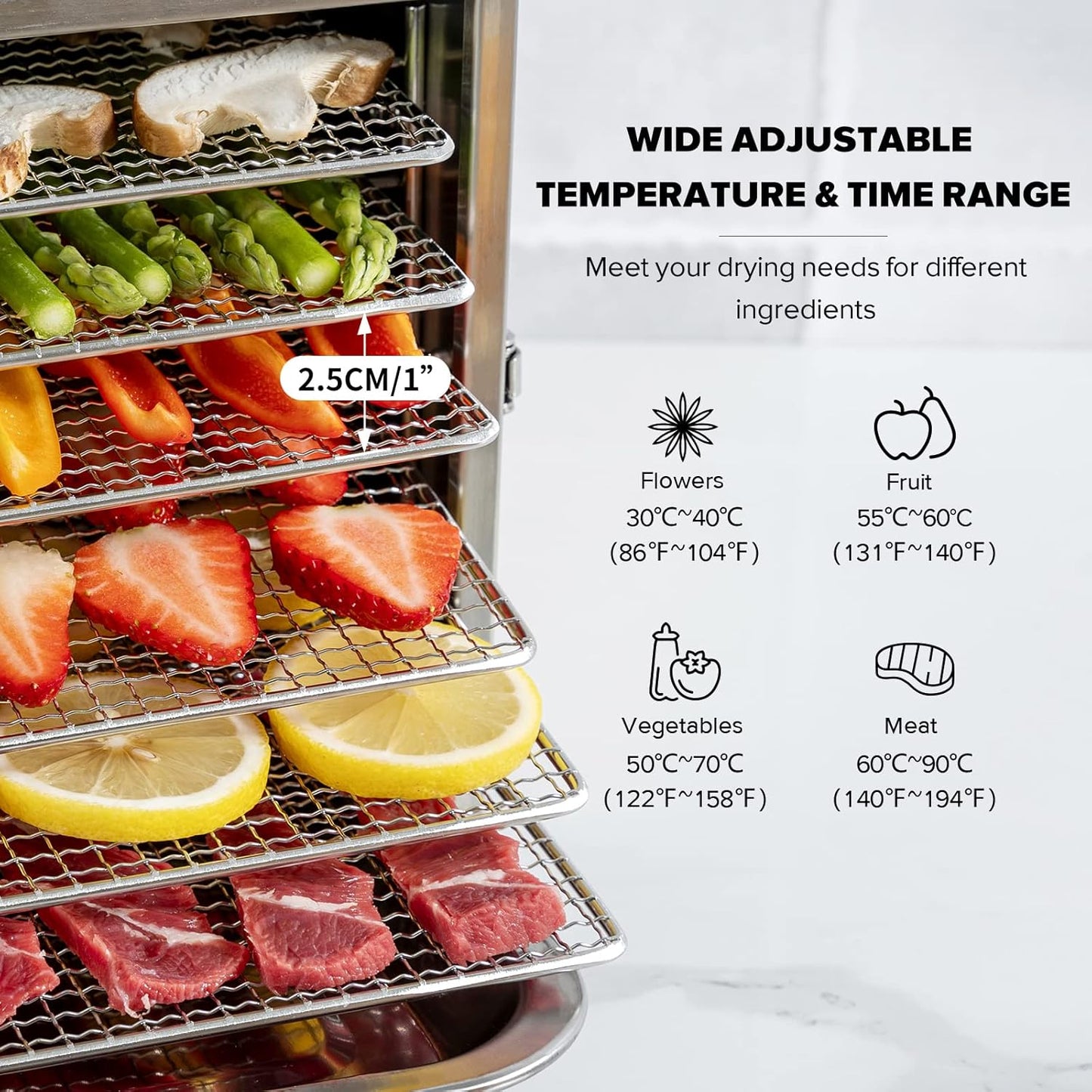 Kwasyo Voedseldroger, BPA-vrij, 30~90 ℃ temperatuurinstelling, max. 24 uur, fruitdroger met gratis receptenboek, droogautomaat voor fruit, groenten, vlees en chili-400W