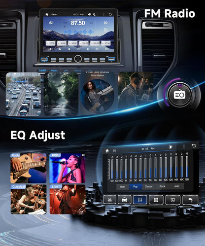 Autoradio, 1 Din pianotoetsen met draadloze Carplay Android auto, 7 inch IPS HD touchscreen, autoradio, ondersteuning bluetooth, FM-radio, USB/type-C, spiegellink, achteruitrijcamera