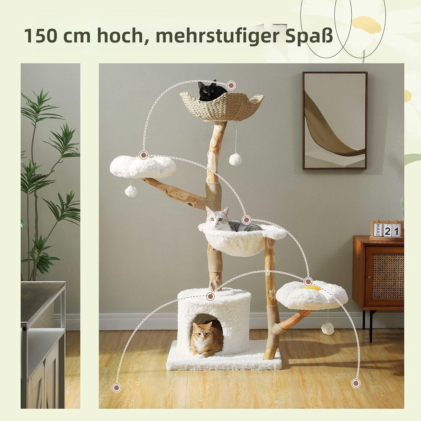 Krabpaal – Kattenboom – Kattenhuis – Kattenmand – Kattenmeubel – 150 cm Hoog – Massief Natuurlijk Hout