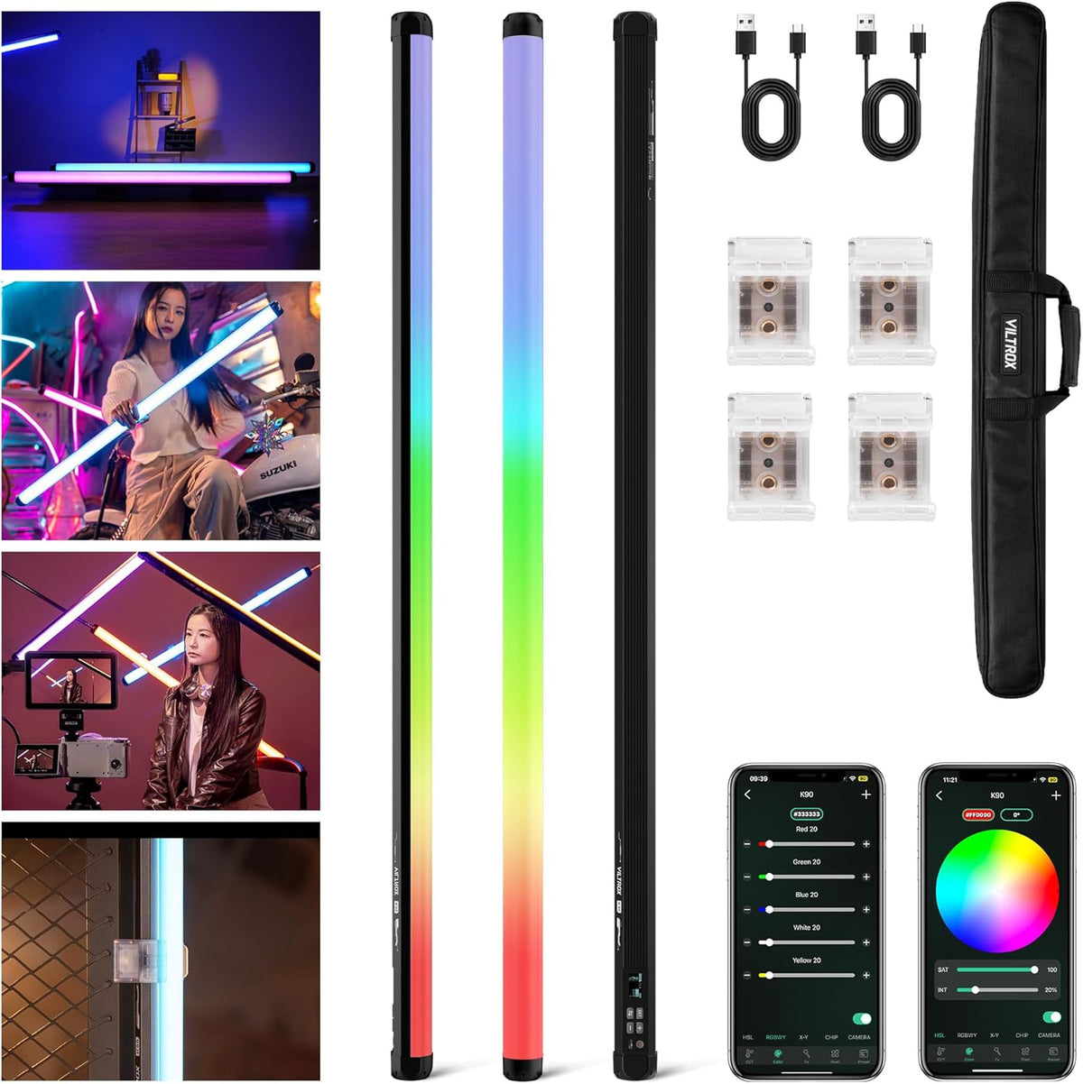 VILTROX K90 2 Pack RGB Tube Light, 30W 38 inch Grote RGBWY Fotografie LED Video Stick Light Wand met APP/2.4G/Afstandsbediening, CRI 97+, 26 scènes, 2500K-8500K, 14.8V/3300mAh batterij, magnetische