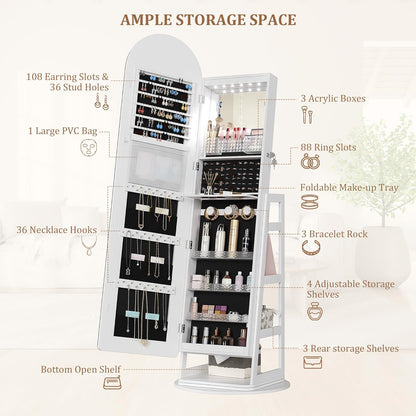 Multifunctionele Staande Sieradenkast – Juwelenkast – Opbergkast – Spiegelkast – Armoire – 360° Draaibaar – Verstelbare LED Verlichting – Afsluitbaar Met Sleutels – MDF En Veilig Glas – 165x56 cm – LED-Wit