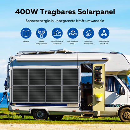 Solar Panel with Adjustable Bracket, 400W Foldable Portable Solar Charger, Waterproof, 23% Higher Energy Conversion Efficiency, Portable Solar Panel for Camping, RVs and Power Failures - QUORE