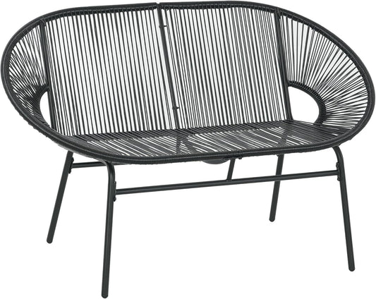 Outsunny Poly Rattan Sofa 2-Seater Rattan Sofa Garden Bench Balcony Sofa up to 260 kg Load Capacity for Patio, Balcony, Steel, Black - QUORE