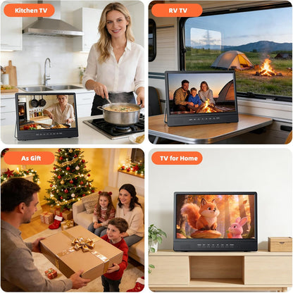 Desobry 12 Inch Portable Smart TV Android, Mini Televisie voor Keuken, Caravan, Camper, HDMI USB AV Hoofdtelefoon, DVB-T2 Freeview, 180° Verstelbare Stand