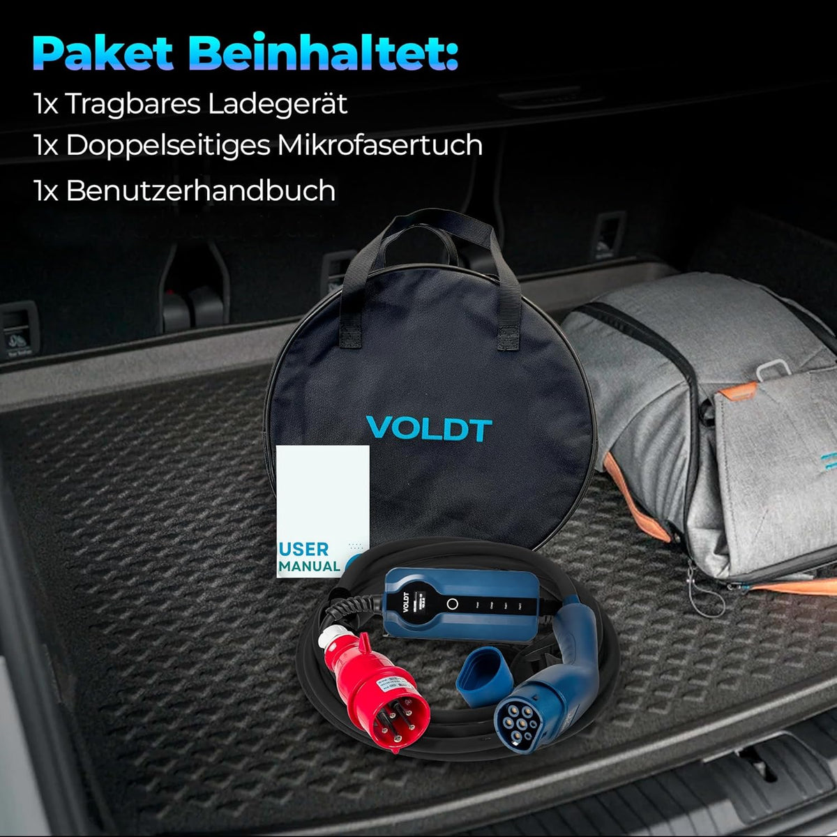 VOLDT Type 2 oplaadkabel, 11 kW, EV-oplader met CEE-stekker, 8 A - 16 A, driefasige mobiel Wallbox-laadstation met display, voor elektrische voertuigen, IP69, TÜV, CE-beschermd, draagbare oplader (10
