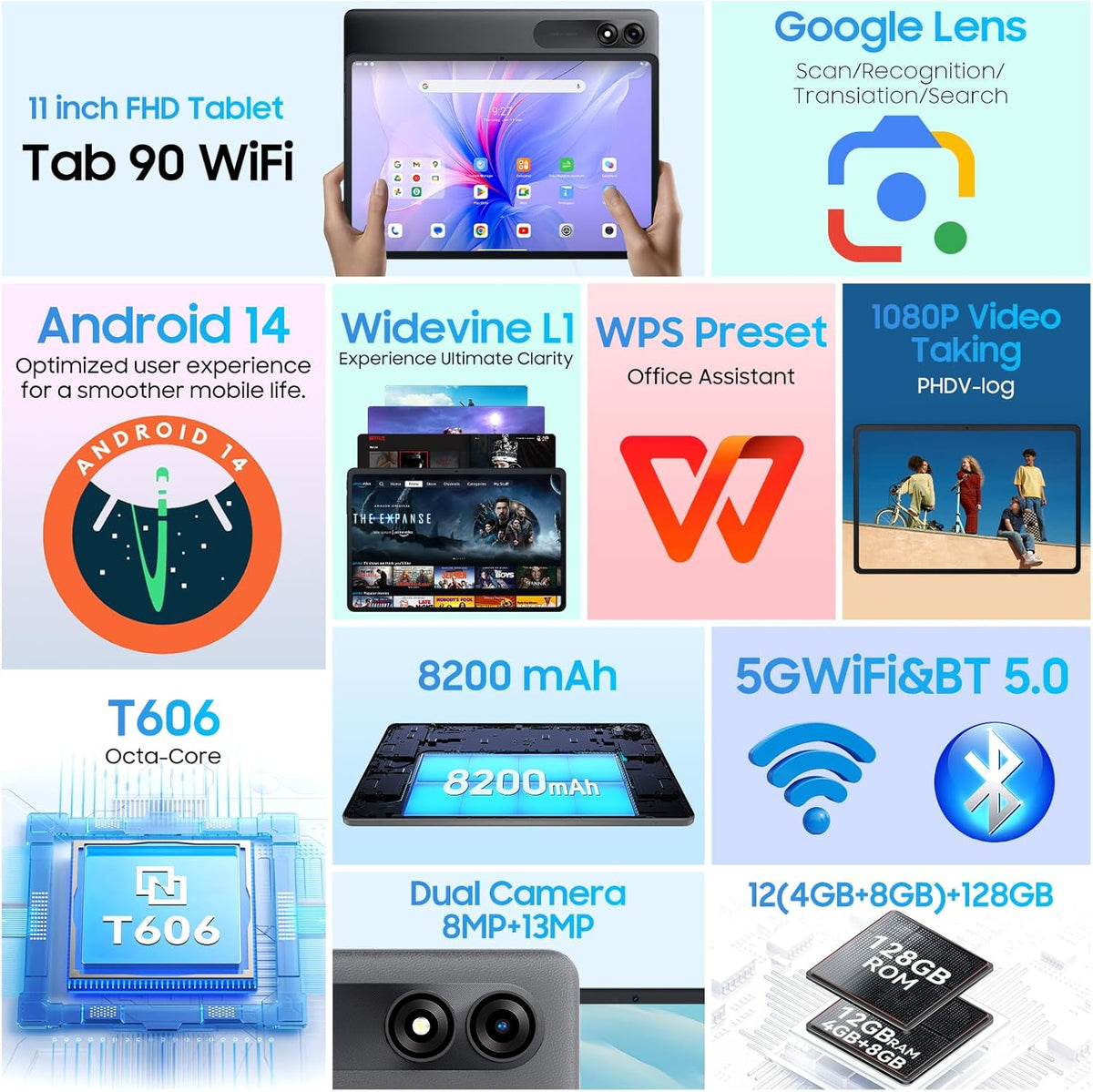 Blackview Tablet, Android 15 Tab 90WLAN, 12 GB RAM, 128 GB ROM/1 TB TF Gaming Tablet, Widevine L1 / 8200 mAh / 5G WiFi / Octa Core / GPS / WPS / 8MP + 13 MP / Face ID / Bluetooth 5.0 / 2 luidsprekers