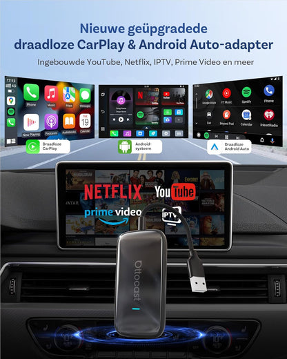 OTTOCAST Play2video Ultra, 2026 Nieuwe Draadloze CarPlay & Android Auto Adapter met YouTube Netflix, 4GB+32GB Plug & Play 5G-chip, WiFi6, CarPlay AI Box voor auto's met bekabelde CarPlay na 2016
