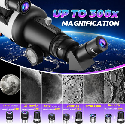 Astronomische telescoop voor volwassenen, opening 90 mm, refractieve telescopen van 600 mm, volledig meerlaagse draagbare astronomische refractortelescoop met statief