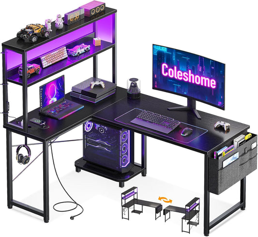 Coleshome L-speeltafel met led en stopcontacten, 110 x 80 cm, omkeerbaar, met opbergplanken, hoekbureau met opbergtas, voor thuiskantoor en games, zwart