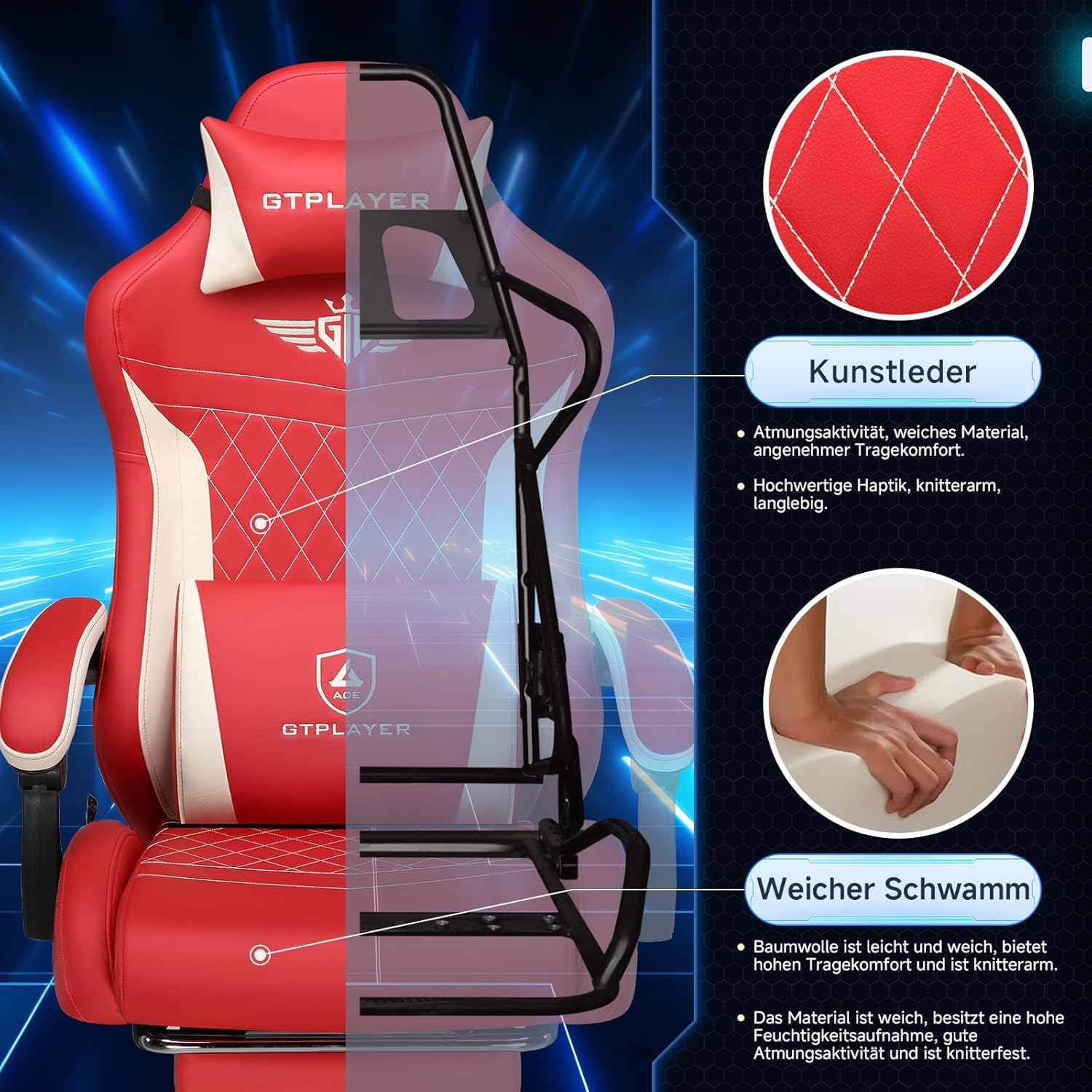 GTPLAYER Ergonomic Faux Leather Gaming Chair with Lumbar Support Computer Chair with Extended Backrest, Supports up to 150 kg, Red - QUORE