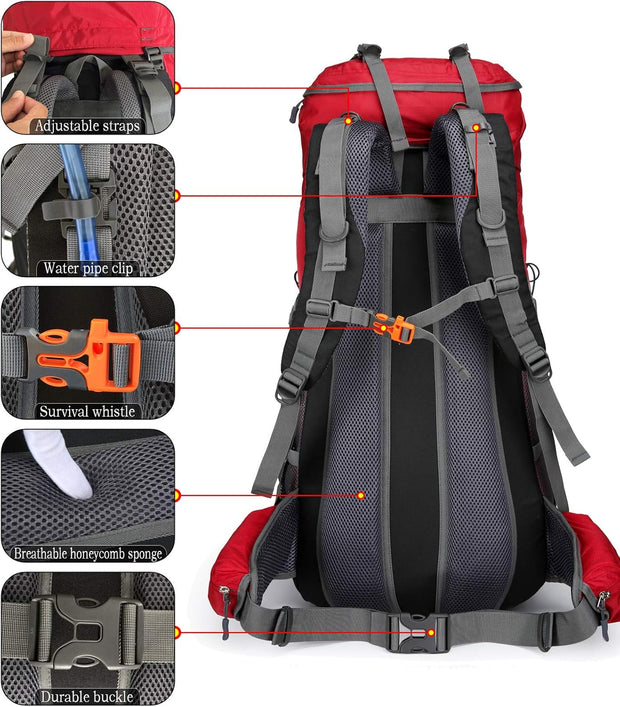 Wandelrugzak - Kampeertas - Trekking rugzak - Camping Essentials Tas - met Regenhoes - 70L - Lichtgewicht - Waterdichte - Nylon - Rood