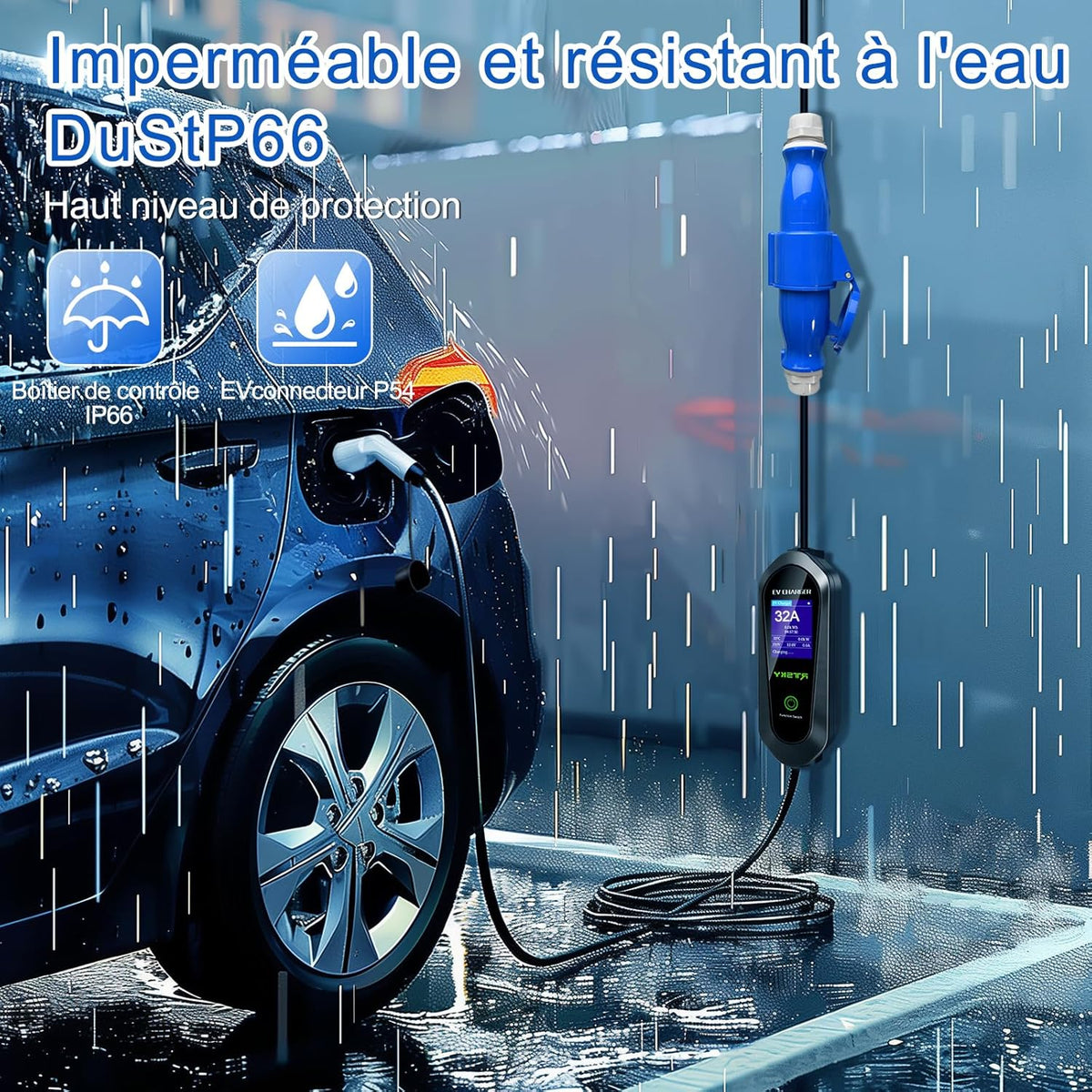 Mobile Wallbox 7 kW oplaadkabel voor elektrische auto's CEE 32 A naar type 2, Schuko eenfasig 5 m, 8-32 A oplader voor elektrische auto's met digitaal display