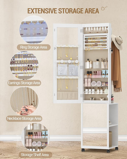 Hzuaneri Jewelry and Wardrobe with 8 LEDs, 165cm Jewelry Storage System with 1 Clothes Rack, Lockable Full Length Mirror with 4 Wheels, Storage Shelves with Hooks, White and Beige JC17003BE