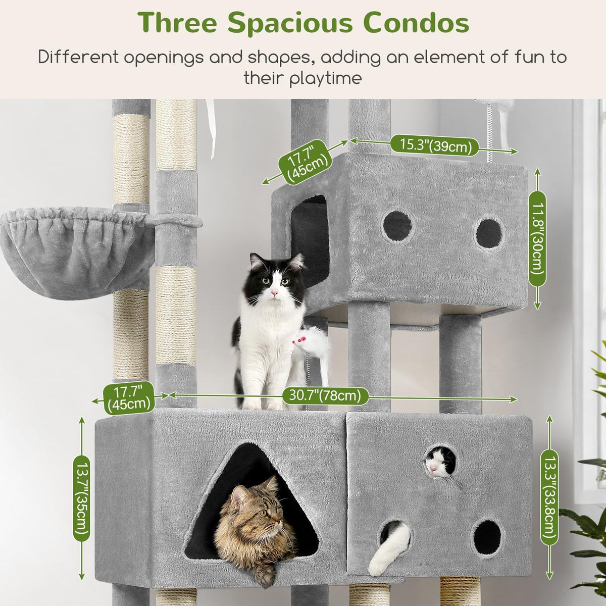 XXL Krabpaal – Kattenboom – Krabmeubel – Krabpaal Groot – Kattenhuis – 207 cm Hoog – 3 Kattenhuisjes – Comfortabel Ligmandje – Stabiel Design – Lichtgrijs