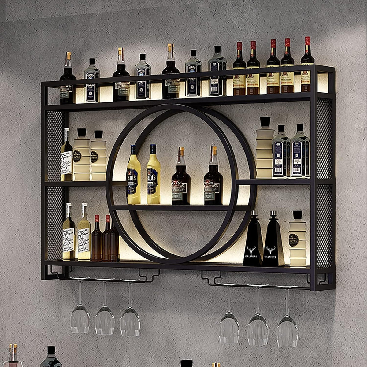 Modern Metal Wall Mounted Wine Rack, Bar Unit Floating Shelves, Wall Mounted Wine Racks, Glass Rack Iron Display Stand Wine Holder with Shelves (100x15x80cm/39x6x31in) - QUORE