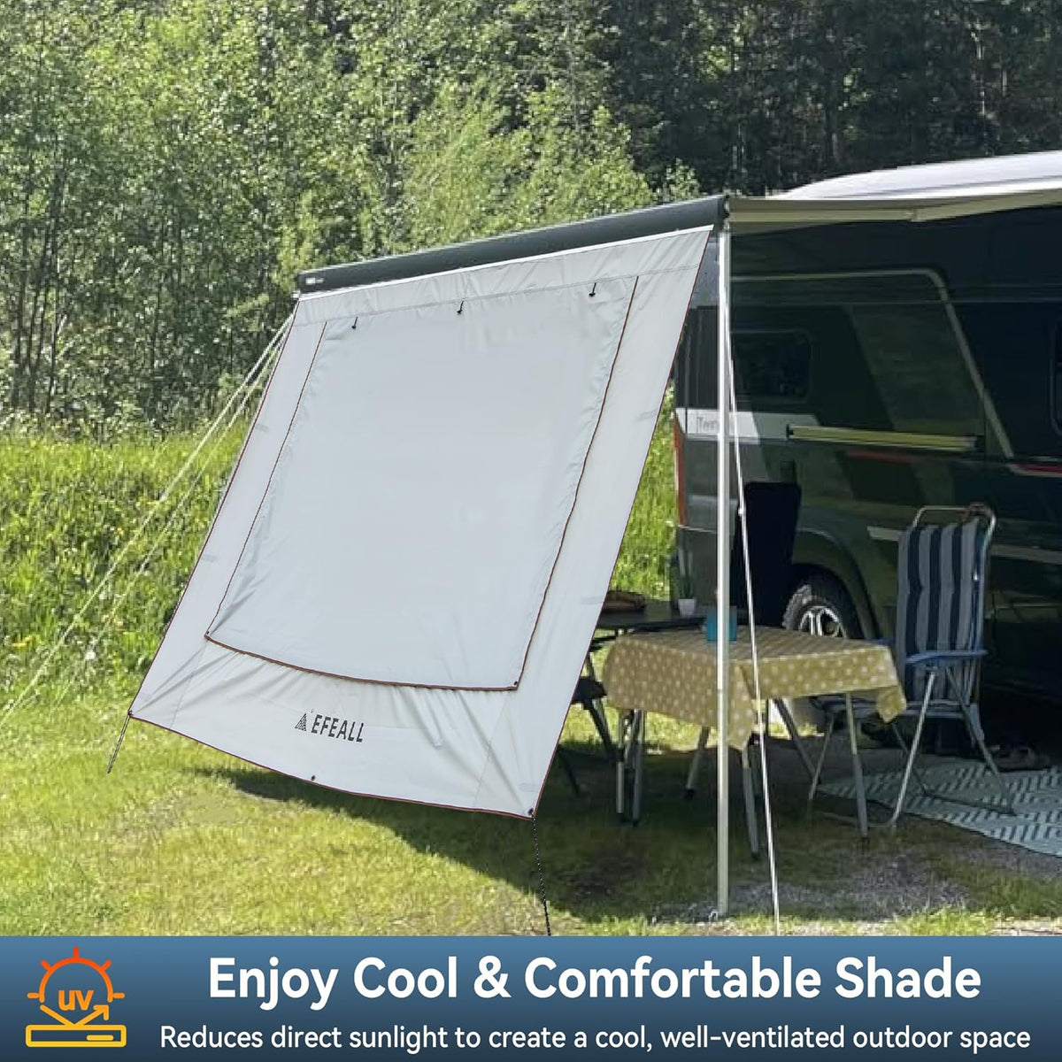 Zonwering, voorwand voor camper, 2 x 4,8 m, UPF 50+ bescherming, regenbestendig, met verstelbaar panoramavenster (stof + net), zonblokkerende luifel voor biezen met Ø 5-7 mm, incl