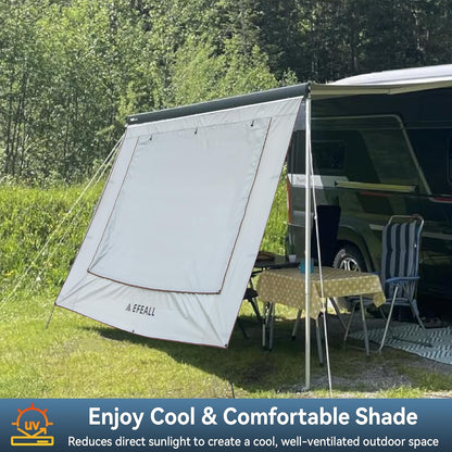 Zonwering, voorwand voor camper, 2 x 4,8 m, UPF 50+ bescherming, regenbestendig, met verstelbaar panoramavenster (stof + net), zonblokkerende luifel voor biezen met Ø 5-7 mm, incl