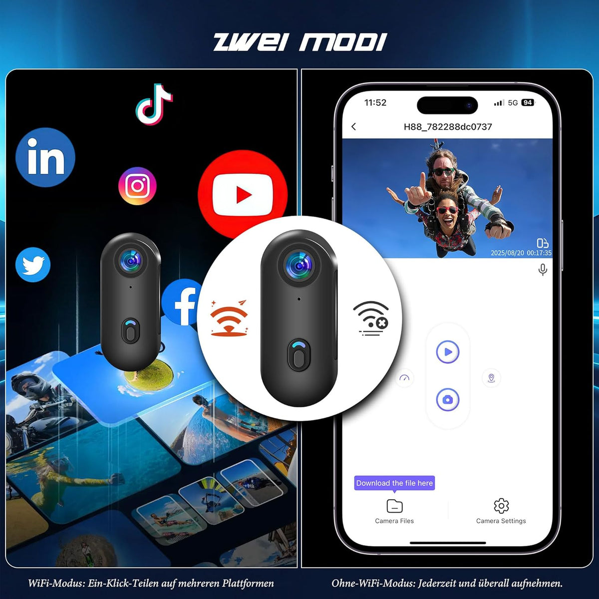 Mini Action Cam WiFi, 4K onderwatercamera, waterdicht tot 30 m, met 64G geheugenkaart, handsfree POV, overal te bevestigen, 360° helmcamera, motorfiets, fiets, bodycam, lichaamscamera