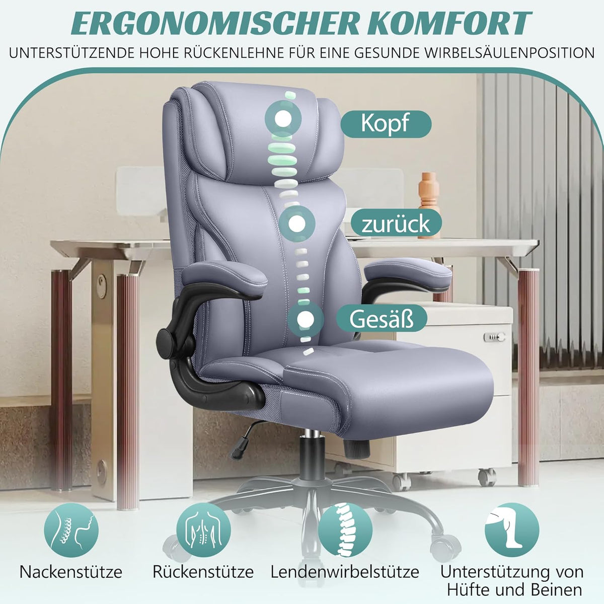 FelixKing Ergonomische bureaustoel, grote en hoge bureaustoel, computerbureaustoel met inklapbare armleuningen, bureaustoel voor thuiskantoor met functie