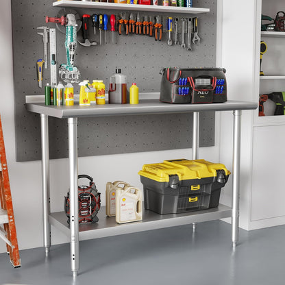 HARDURA Volledig Roestvrijstalen Tafel van 61×122 CM,Commerciële Keukenroestvrijstalen Voorbereidingstafel met Verstelbare Onderplank en Achtersplat voor Voorbereidingswerk in de Werkruimte