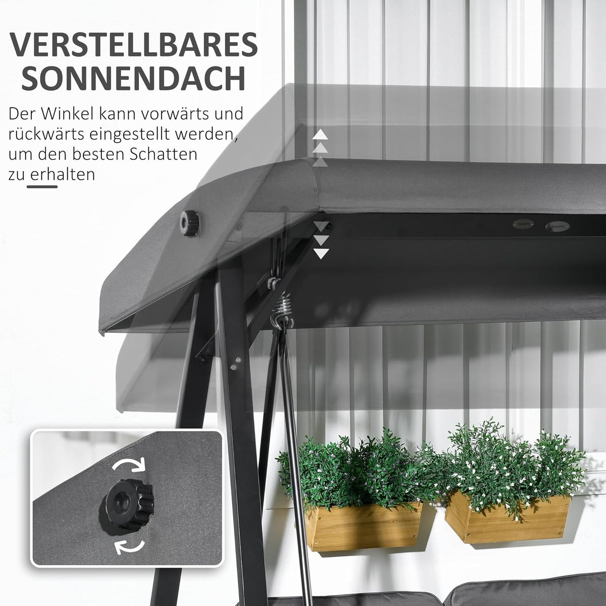 Tuinschommel 2-Persoons – Schommelbank – Tuinbank – Buitenbank – Zitschommel – Verstelbare Zonneluifel – Gepoedercoat Stalen Frame – Comfortabele Dikke Kussens – Donkergrijs