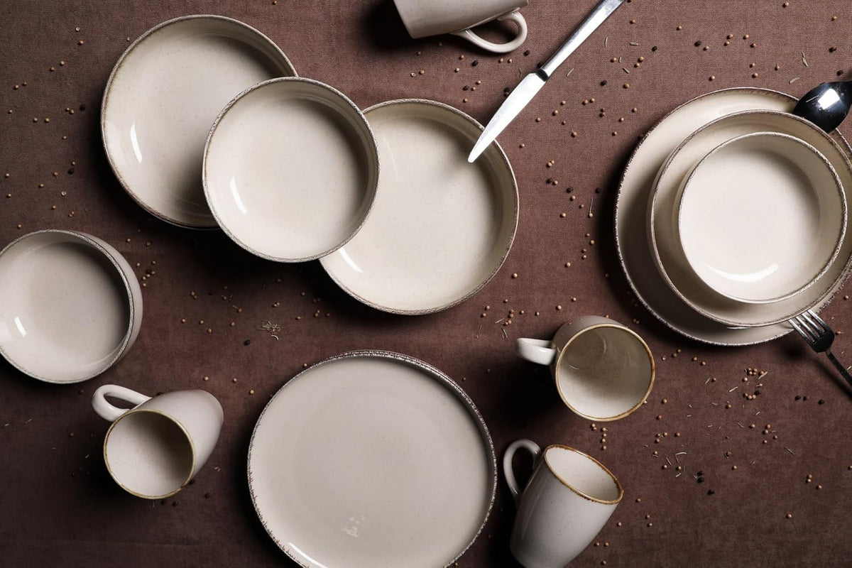 Elegante 16-delige dinerset, 100% porselein, crèmekleur, inclusief 4 borden (24 cm), borden (20 cm), kommen (15 cm), mokken, vaatwasmachinebestendig en magnetronbestendig