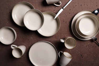 Elegante 16-delige dinerset, 100% porselein, crèmekleur, inclusief 4 borden (24 cm), borden (20 cm), kommen (15 cm), mokken, vaatwasmachinebestendig en magnetronbestendig