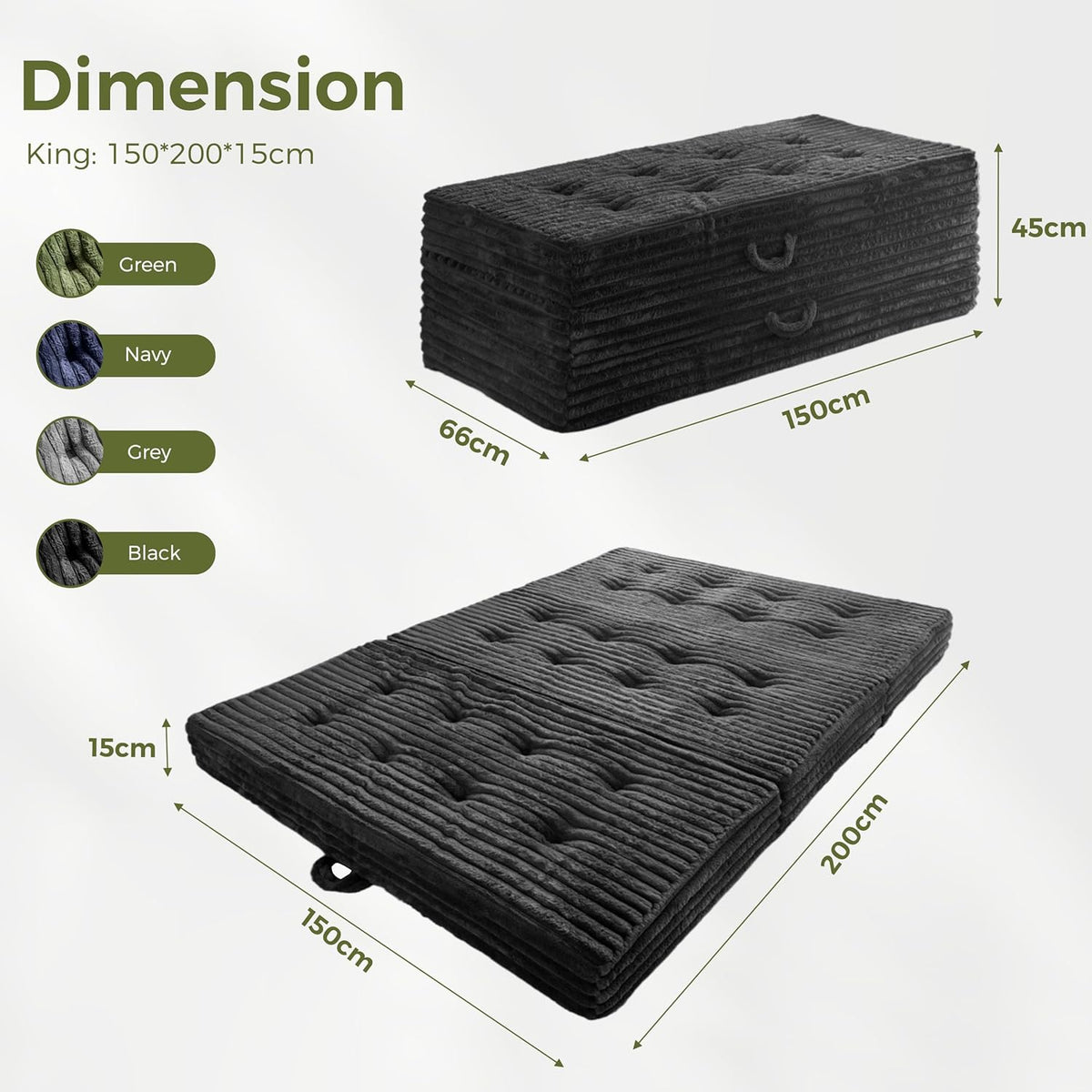 MAXYOYO Opvouwbaar matras 200 * 150 cm, 15 cm gestoffeerd opvouwbaar matras met premium imitatiebont, drievoudig opvouwbare futon slaapbank voor woonkamer/logeerkamer