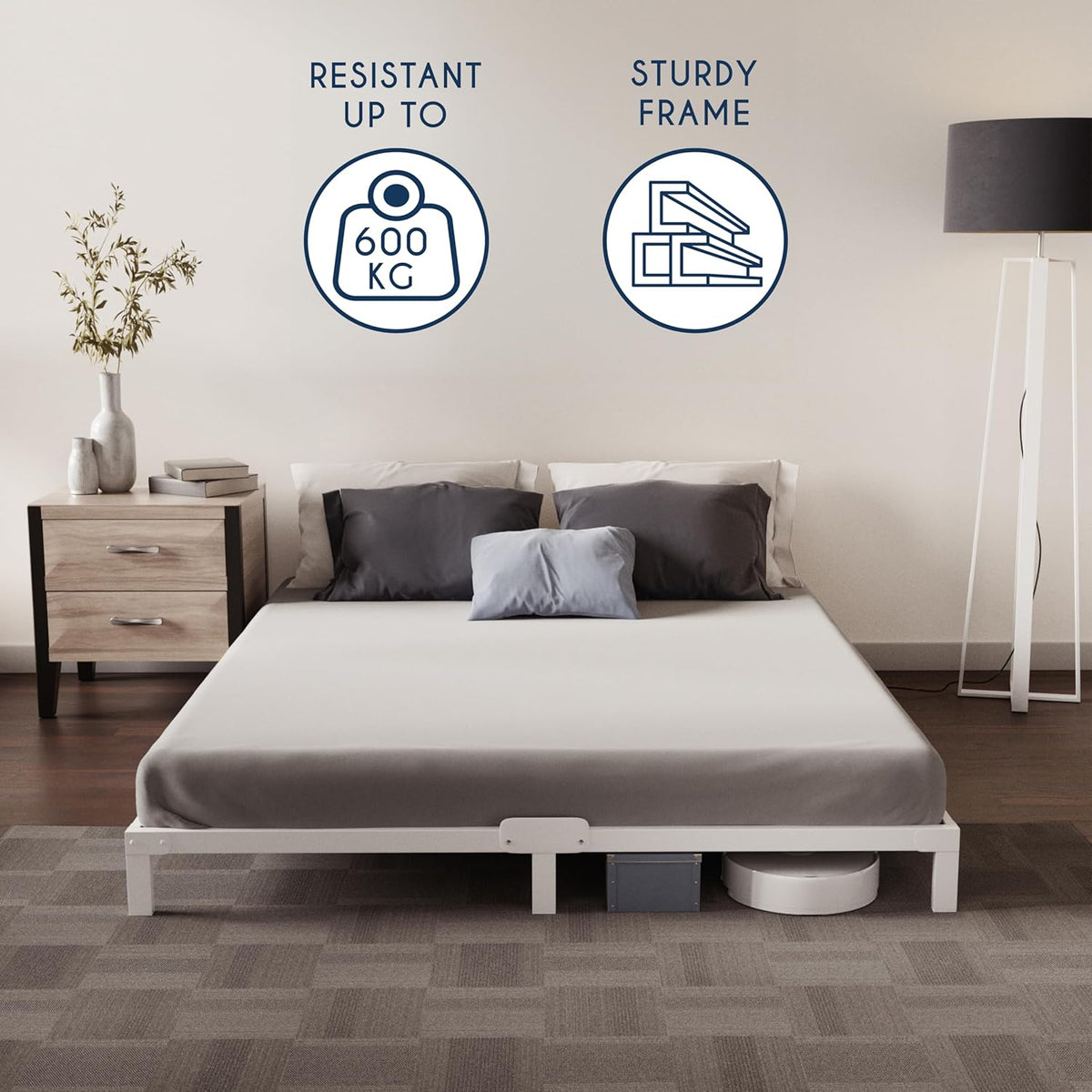 Dreamzie Bedframe 180 x 200 Van Metaal, Bedframe 180 x 200 Voor Matrassen Eenpersoonsbed, Hoogte 25 cm, Robuust, Eenvoudige Montage, Omvangrijke Opbergruimte, Witte Lattenbodem