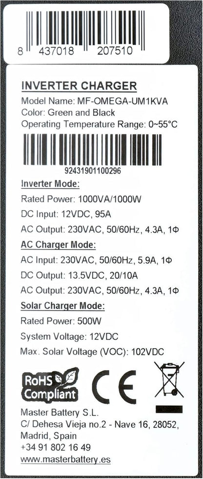 Hybride Omvormer 1000W 12V – Inverter – Acculader – MPPT Regelaar – Zonnepaneel Regelaar – Zuivere Sinus – MPPT 40A