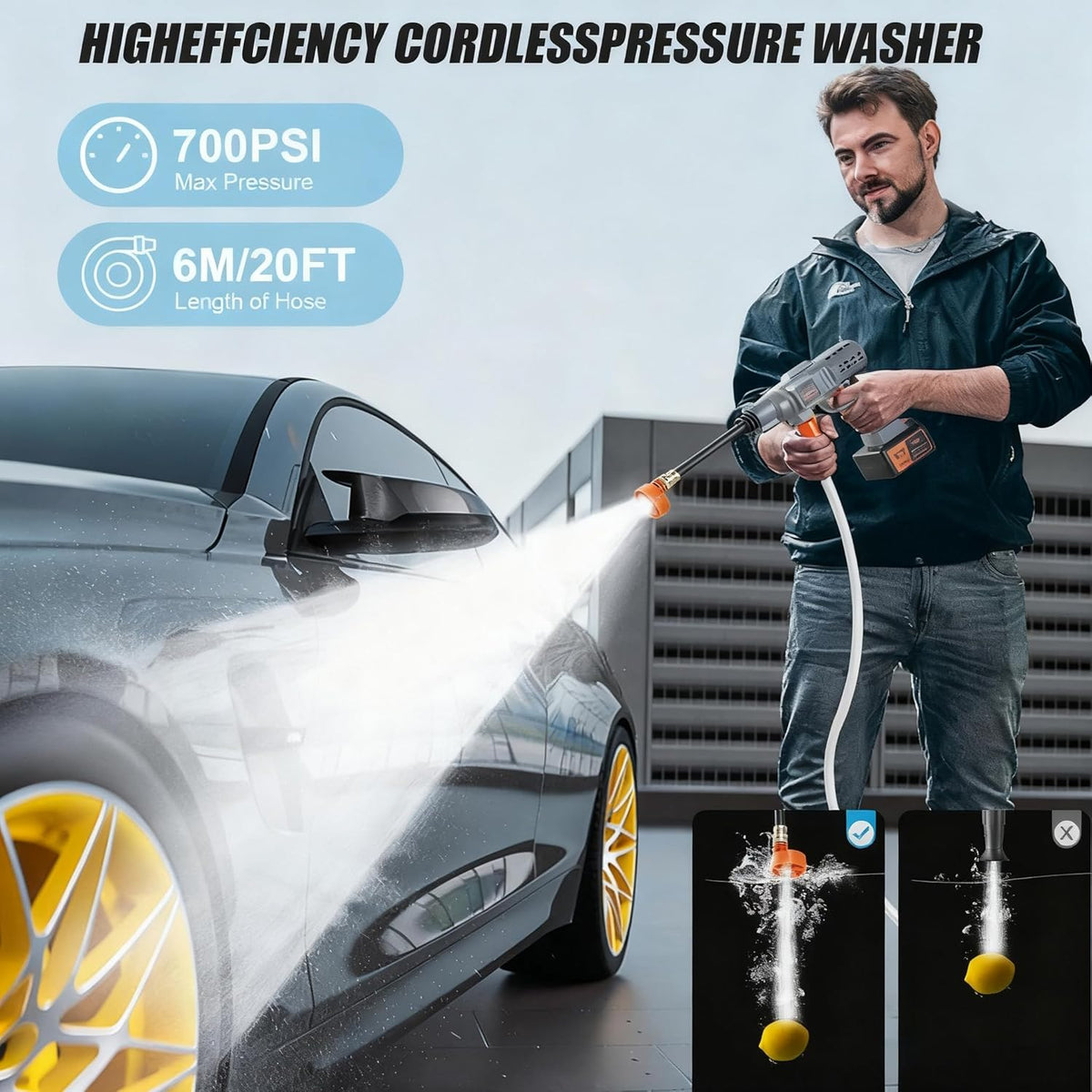 Hogedrukreiniger – Accu Hogedrukspuit – Drukreiniger – Draagbare Waterreiniger – 6-in-1 Sproeimondstuk – 32V 2,6 Ah Accu – 700 Psi (48 Bar) Maximale Druk