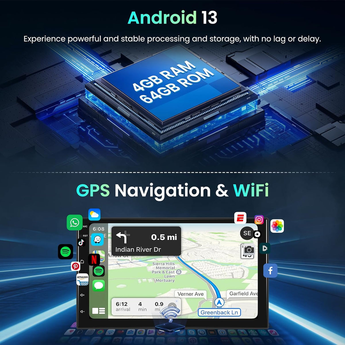Hodozzy 4GB+64GB Android 2 Din Autotuner met Carplay Android Auto Draadloze Dubbele Din 7 Inch Touch Screen Autoradio GPS Navigatie Wifi Bluetooth DSP FM/RDS Radio USB/SWC + AHD Achteruitrijcamera