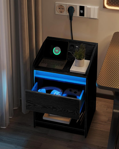 Hzuaneri Bedside Table Set of 2 with LED Light, Bedside Table with Charging Dock, 1 Storage Drawer for Bedroom, Living Room, 2 USB Ports, 2 Power Outlets, Open Compartment Black NS09104X