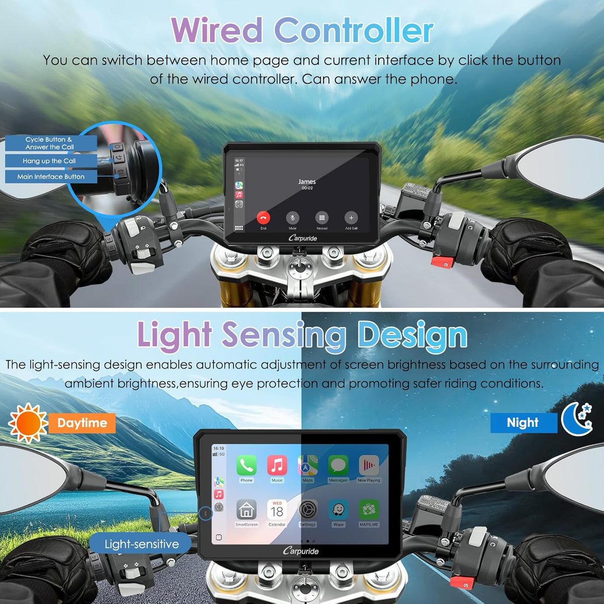 Motorfietsscherm – Motorfiets Display – Navigatiescherm Motor – Bluetooth Scherm Motorfiets – 7 Inch Touchscreen – Draadloos CarPlay & Android Auto – IP67 Waterdicht – Dubbele Bluetooth Verbinding