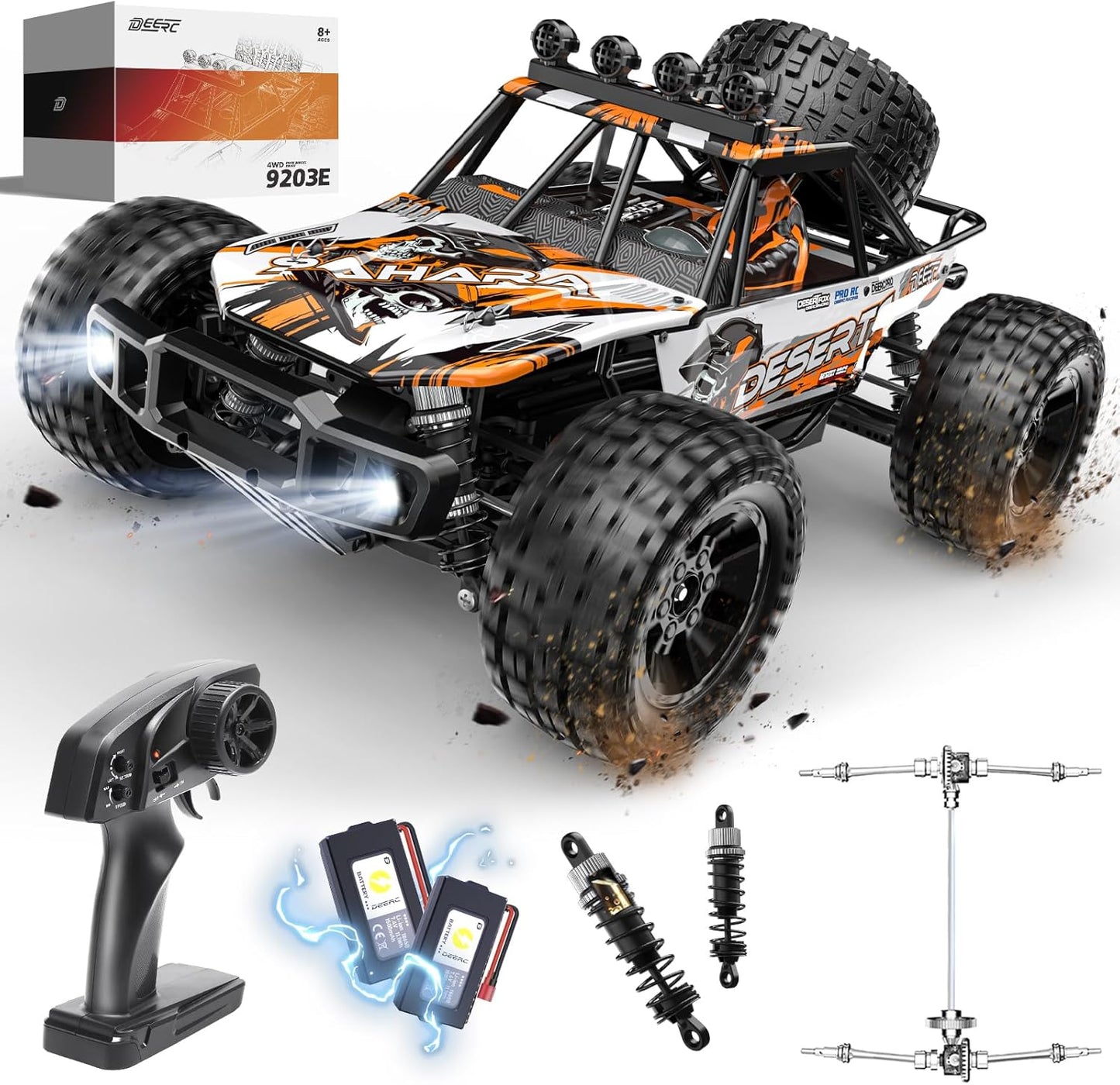 DEERC afstandsbedieningsauto op schaal 1:10 voor volwassenen en jongens, 48 km/u 4x4 RC monstertruck met verlichting, 2 batterijen voor 30 minuten speelplezier, 2,4 GHz terreinwagen RC