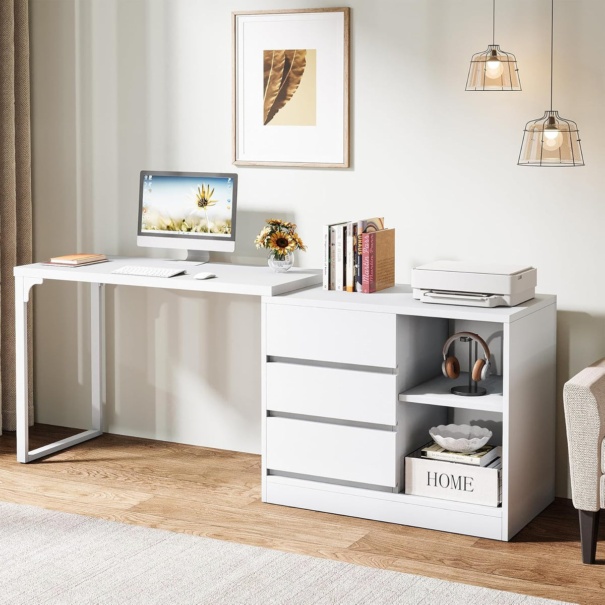 Tribesigns Desk, L Shaped Computer Table with Drawers and Shelves, Reversible White Corner Desk with Storage Cabinet, Modern Work Table for Home Office, Bedroom
