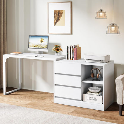 Tribesigns Desk, L Shaped Computer Table with Drawers and Shelves, Reversible White Corner Desk with Storage Cabinet, Modern Work Table for Home Office, Bedroom