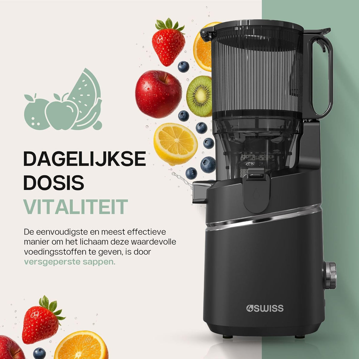 4SWISS Slow Juicer met Grote Opening van 135 mm, Cold Press Juicer Machine 0,5L, Sapcentrifuge met 37 tpm voor het Behoud van Voedingsstoffen, Sapmaker Sap Pers Makkelijk Schoon (WB025)