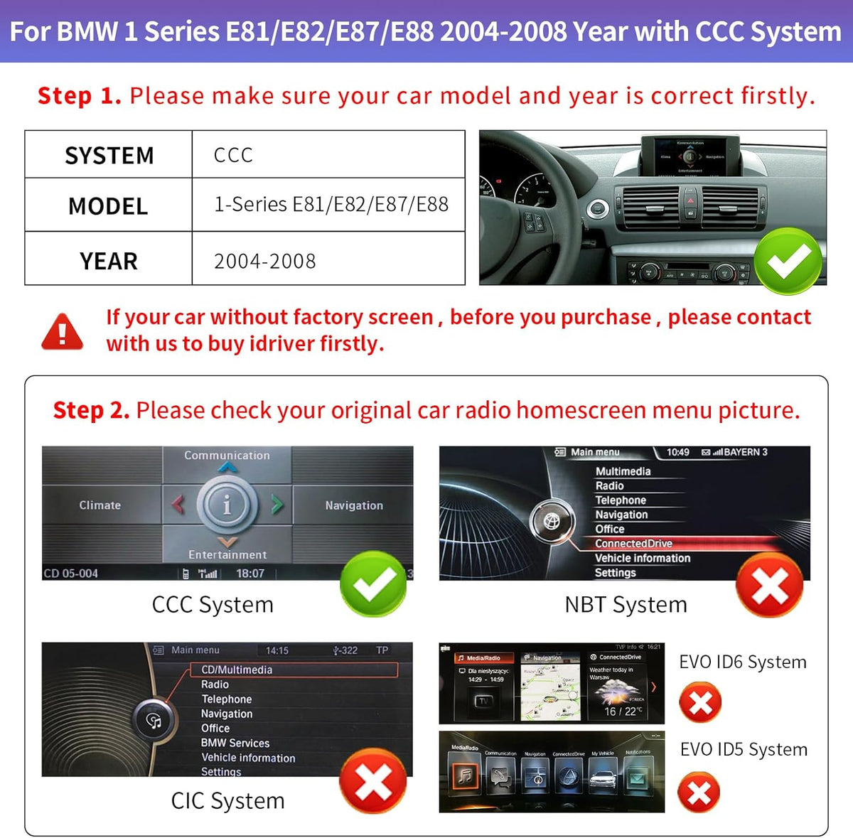 Road Top Wireless Carplay Android Car, 10.25 Inch Car Stereo Receiver for BMW 1er E81/E82/E87/E88 2004-2008 Year with CCC System, 1920 * 720 Car Touch Screen Multimedia Radio Receiver - QUORE